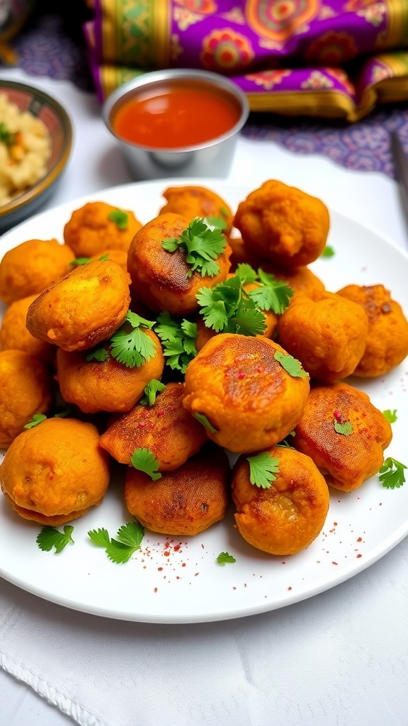 Crispy pakoras served on a plate with chutney and garnished with coriander.